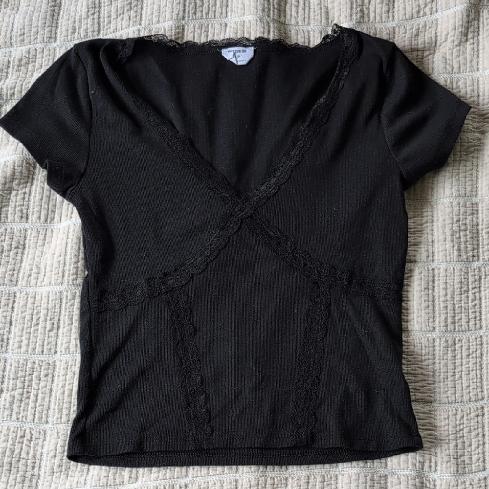 Cotton On Black V-Neck Lace Tee